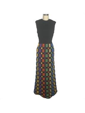Vintage 70s Textured Tufted Knit Maxi Dress Geometric Grid Mod Boho SMALL